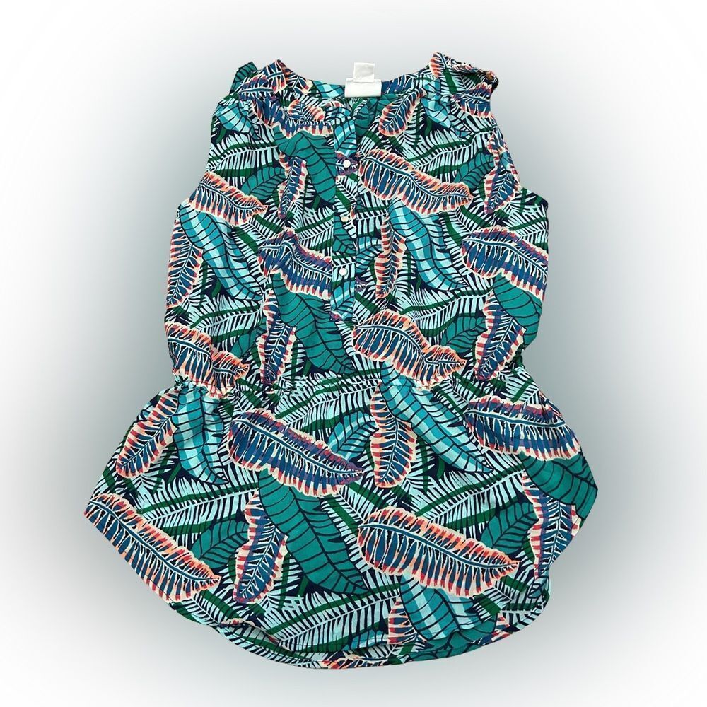 Liz Claiborne blue green tropical round neck sleeveless poly top